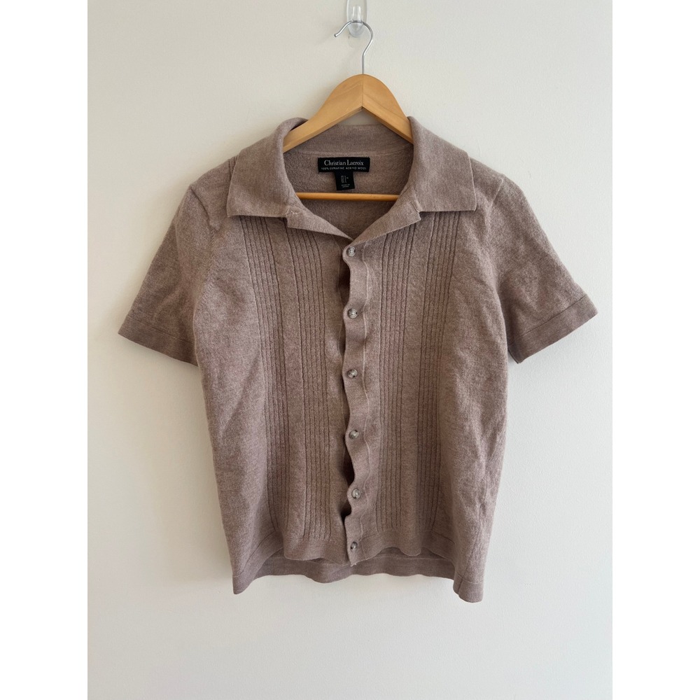 Christian Lacroix 100% Extrafine Merino Wool Taupe Knit Top Quiet Luxury Ruffle